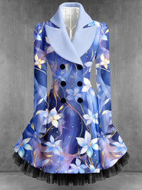 Retro Artistic Floral Print Vintage Elegance Lapel Button Up Long Sleeve Coat Dress