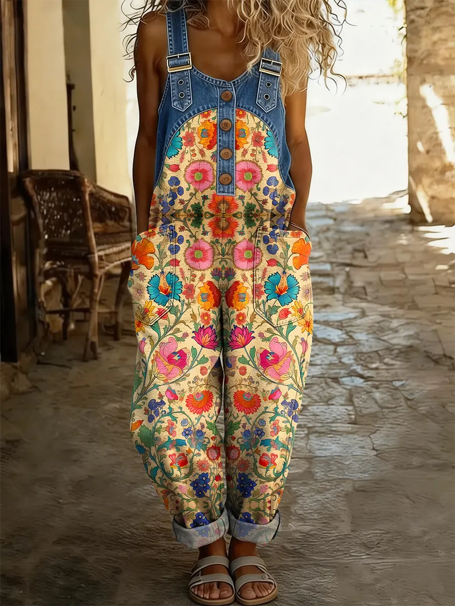 Ethnicity Geometry Flowers Women's Casual Washed Cotton Denim Patchwork Jumpsuit