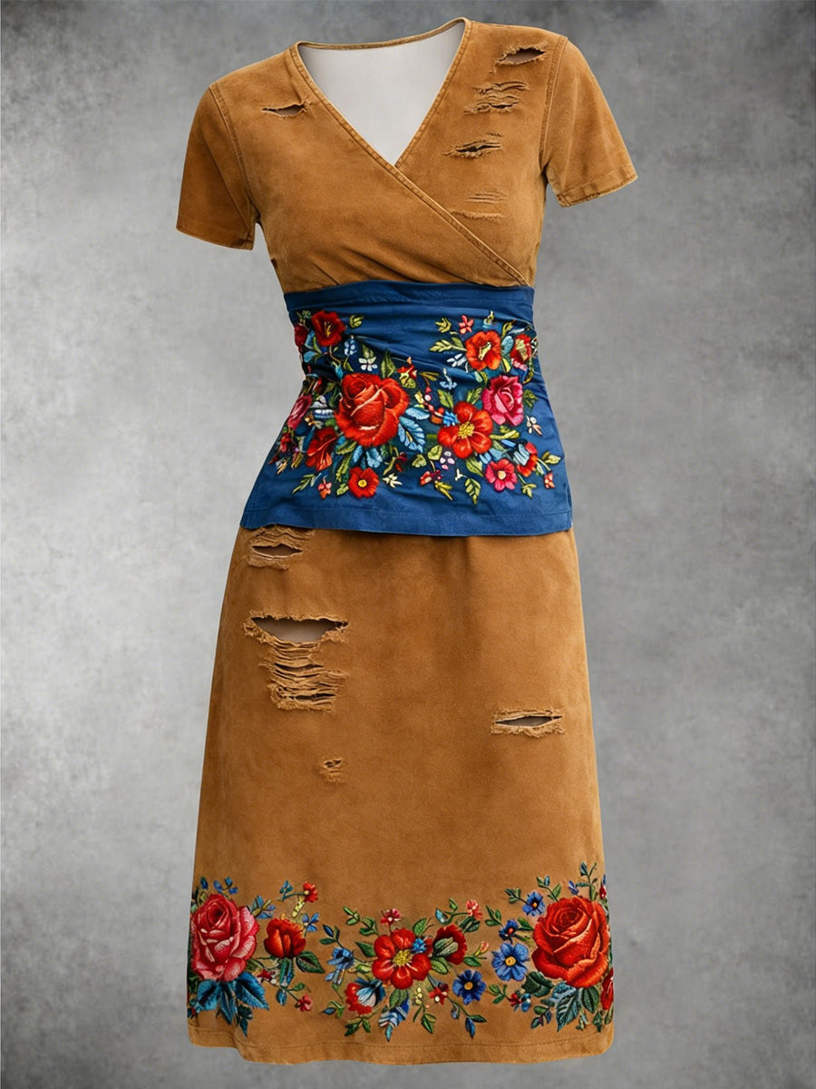 Retro Denim Rose Art Printed Vintage V-Neck Pleated Waist Short Sleeve Midi Dress