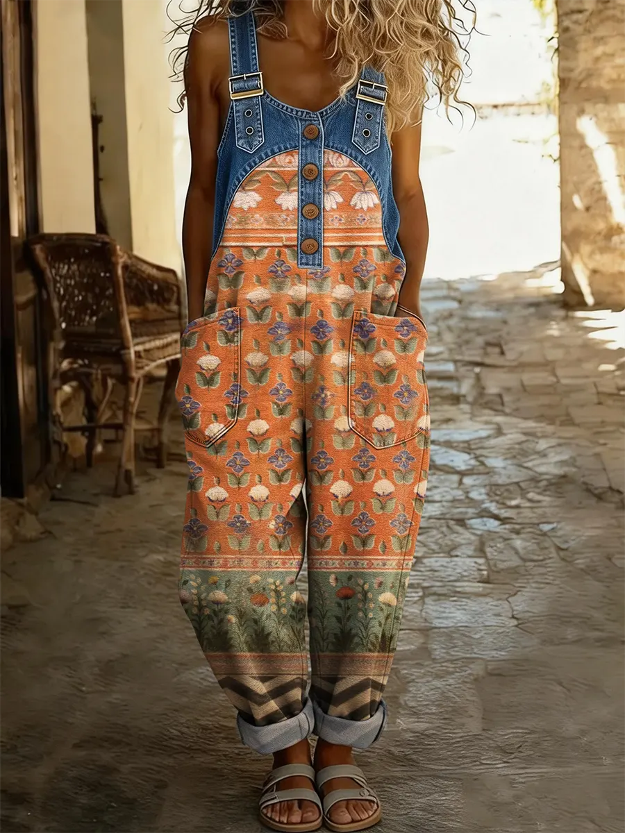 Women's Vintage Floral Art Print Washed Cotton Denim Patchwork Jumpsuit