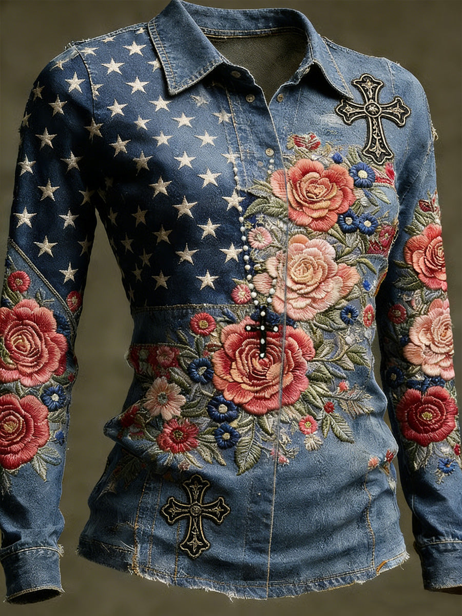 Women's Retro Casual American 250th Anniversary Print Vintage Tassel Long Sleeves Shirt