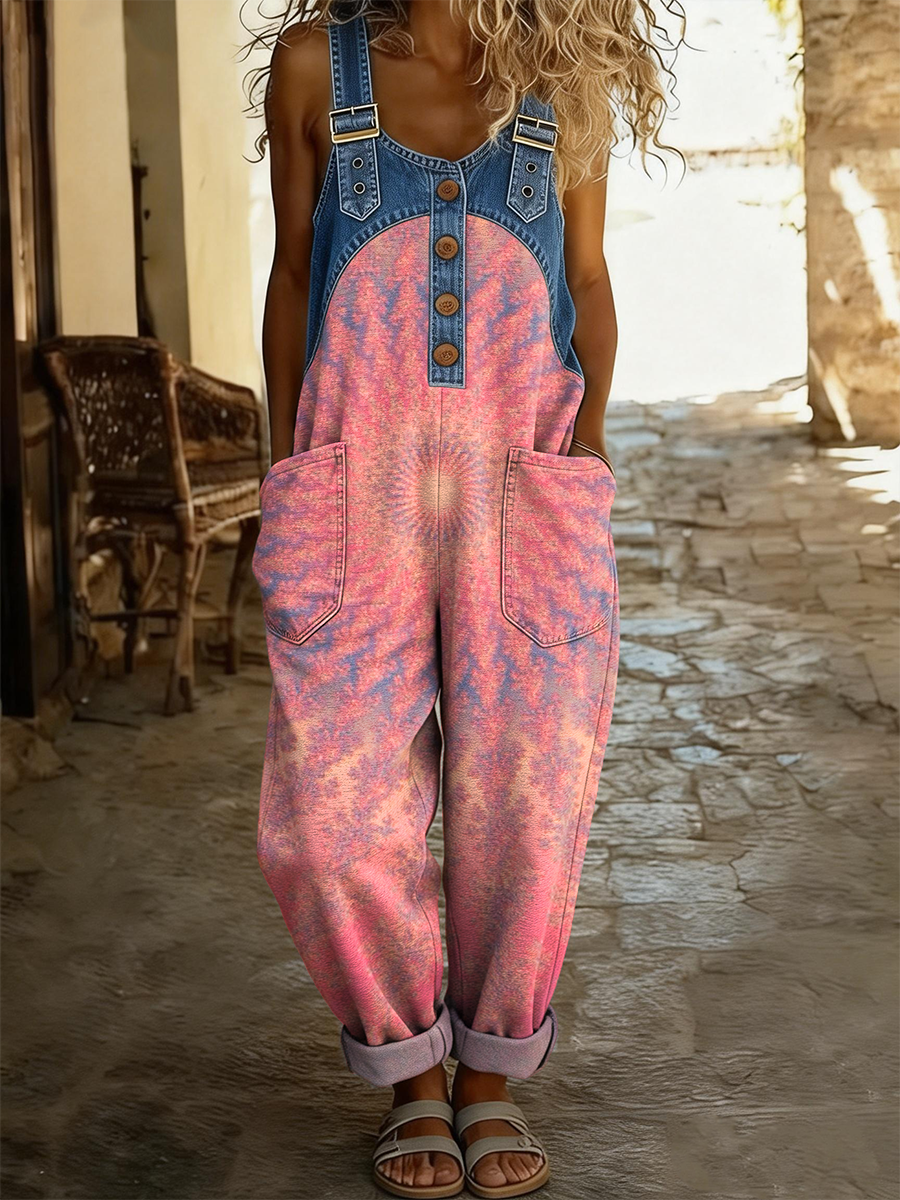 Women's Retro Gradient Art Print Casual Denim Patchwork Jumpsuit