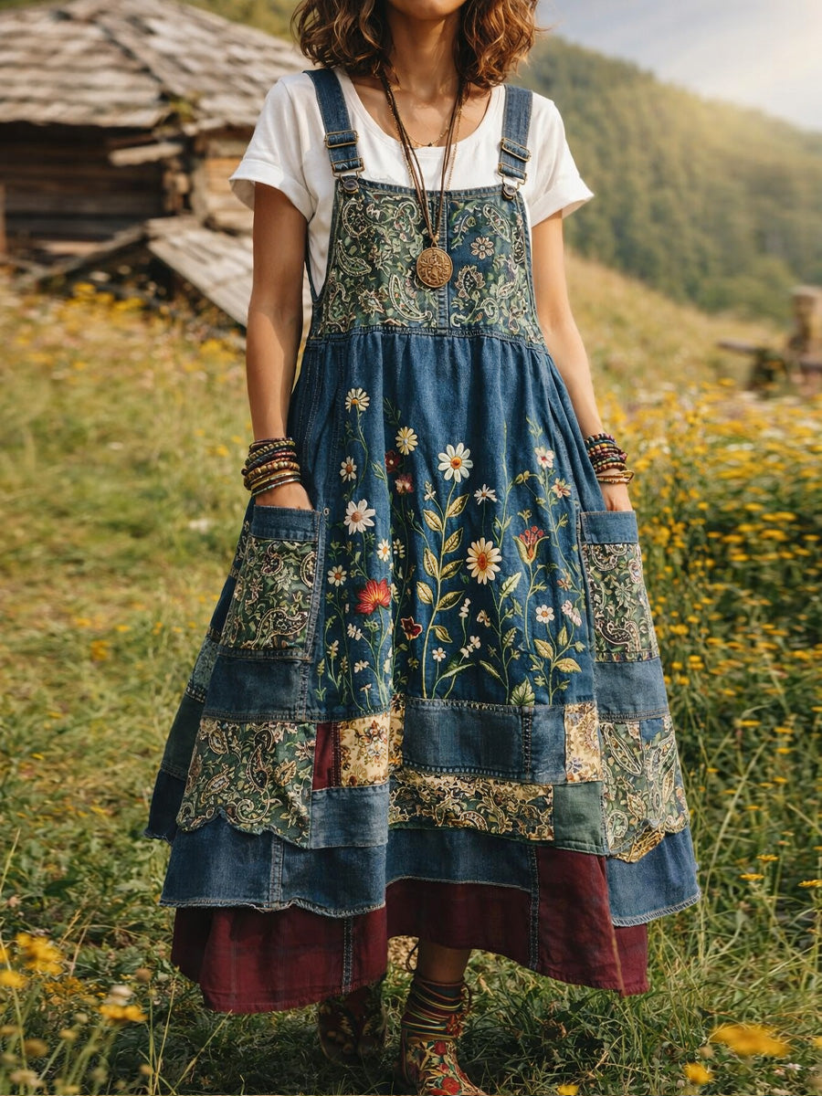 Women's Retro Floral Color-Blocked Art Print Washed Denim Workwear Shoulder Strap Dress