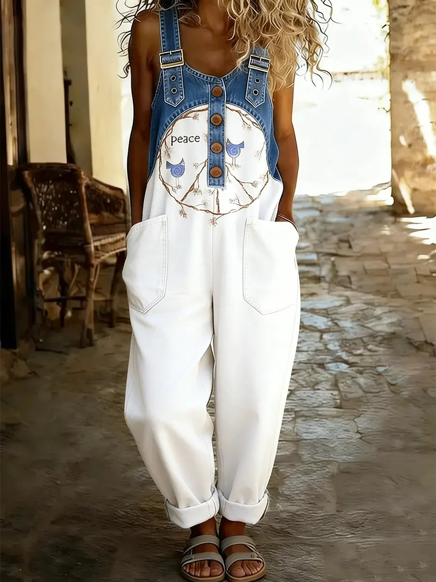 Women's Hippie Peace Bird Art Print Patchwork Jumpsuit