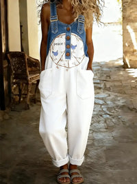 Women's Hippie Peace Bird Art Print Patchwork Jumpsuit