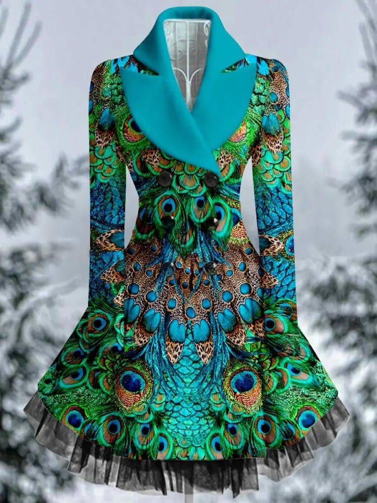 Peacock Feather Print Vintage Elegant Lapel V-Neck Button Up Long Sleeve Coat Dress