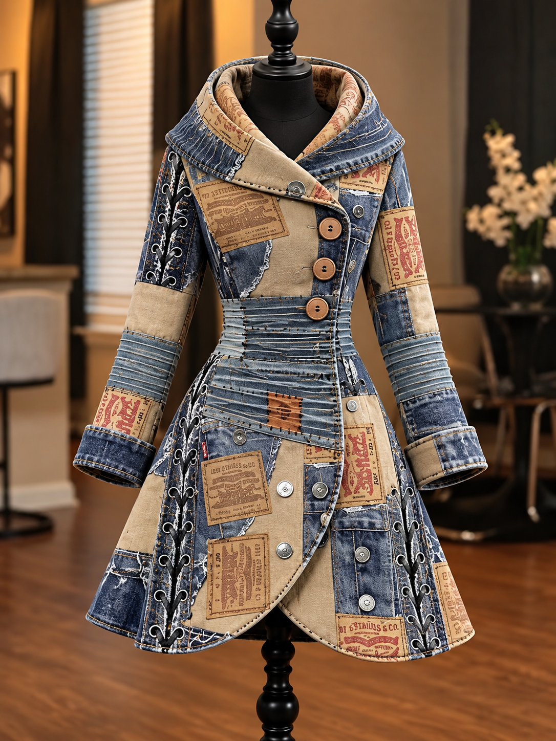 Women's Vintage Colorblock Asymmetrical Flared Coat