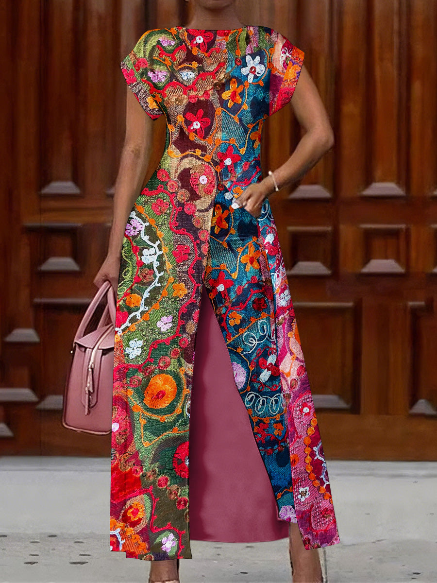 Retro Boho Floral Art Print Vintage Long Split Shirts Dress Skinny Pants Two-Piece Set