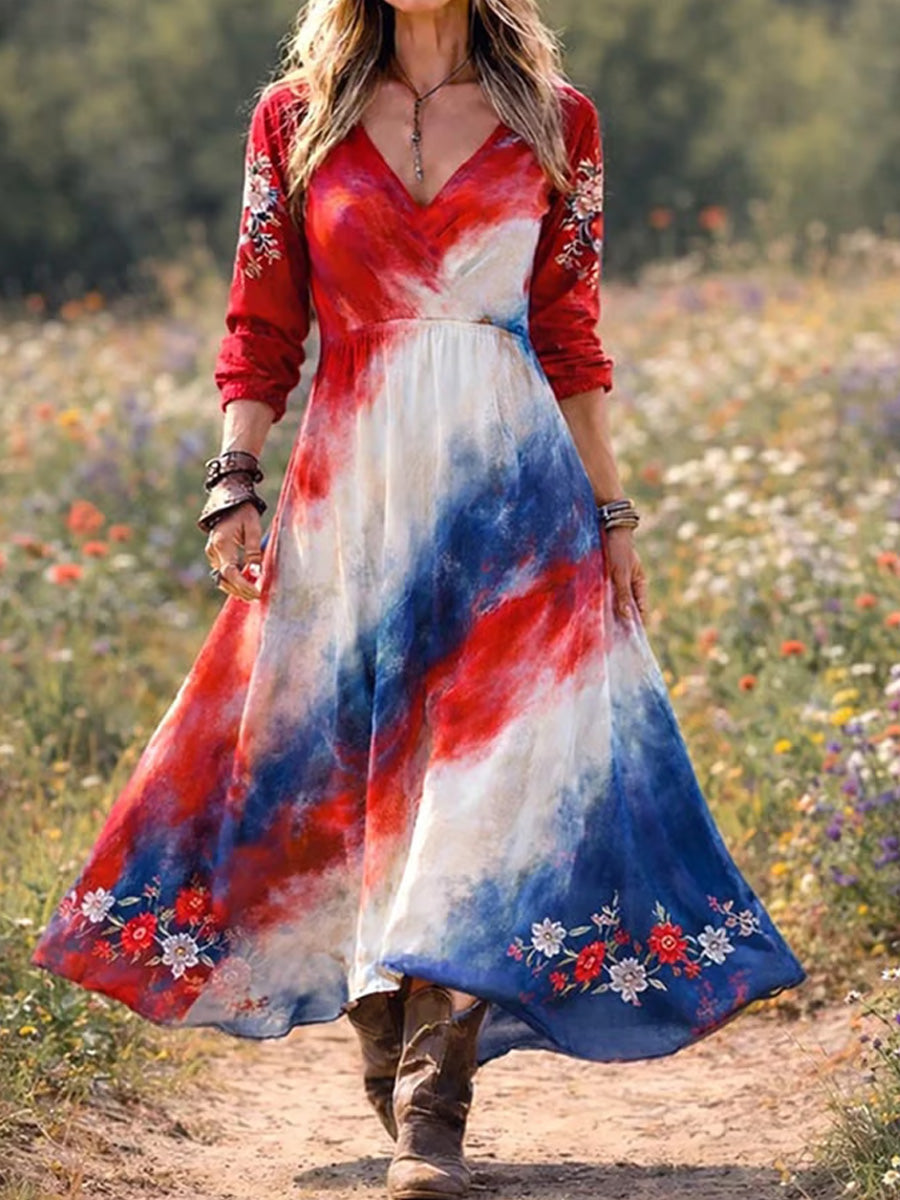 Retro Patriotic Flowers Art Print Casual Vintage V-Neck Pocket Long-Sleeve Maxi Dress