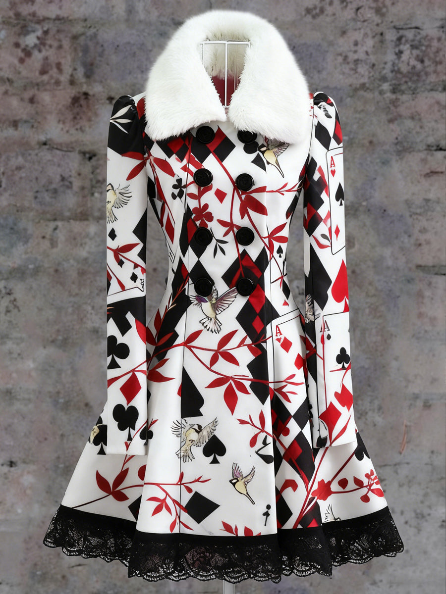Retro Poker Art Print Vintage Elegance Fur Collar Button Up Long Sleeve Midi Dress