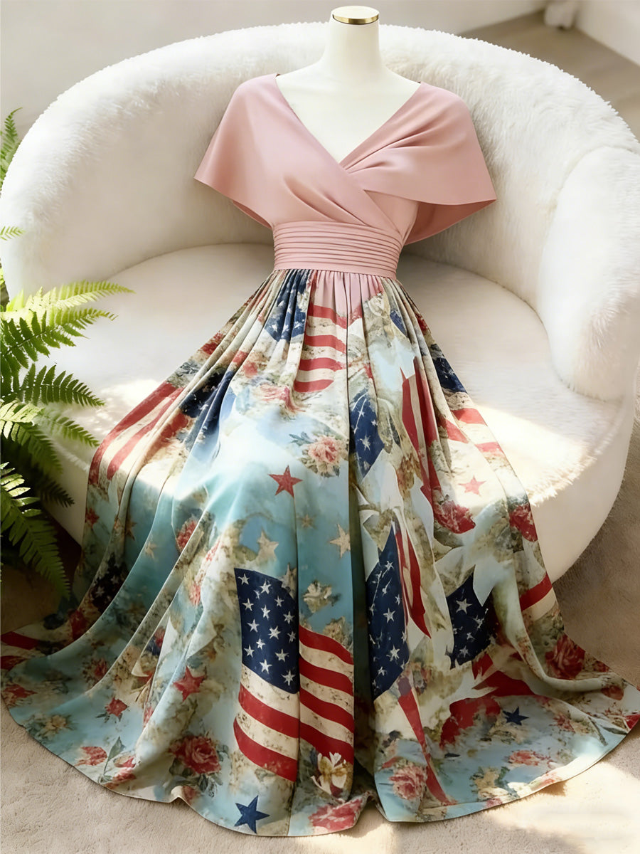 Retro Floral Art Printed Elegant V-Neck Vintage Batwing Short Sleeve Maxi Dress