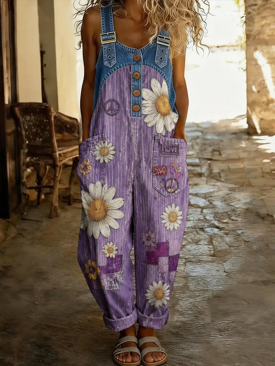 Women's Retro Style Print Washed Cotton Denim Patchwork Jumpsuit