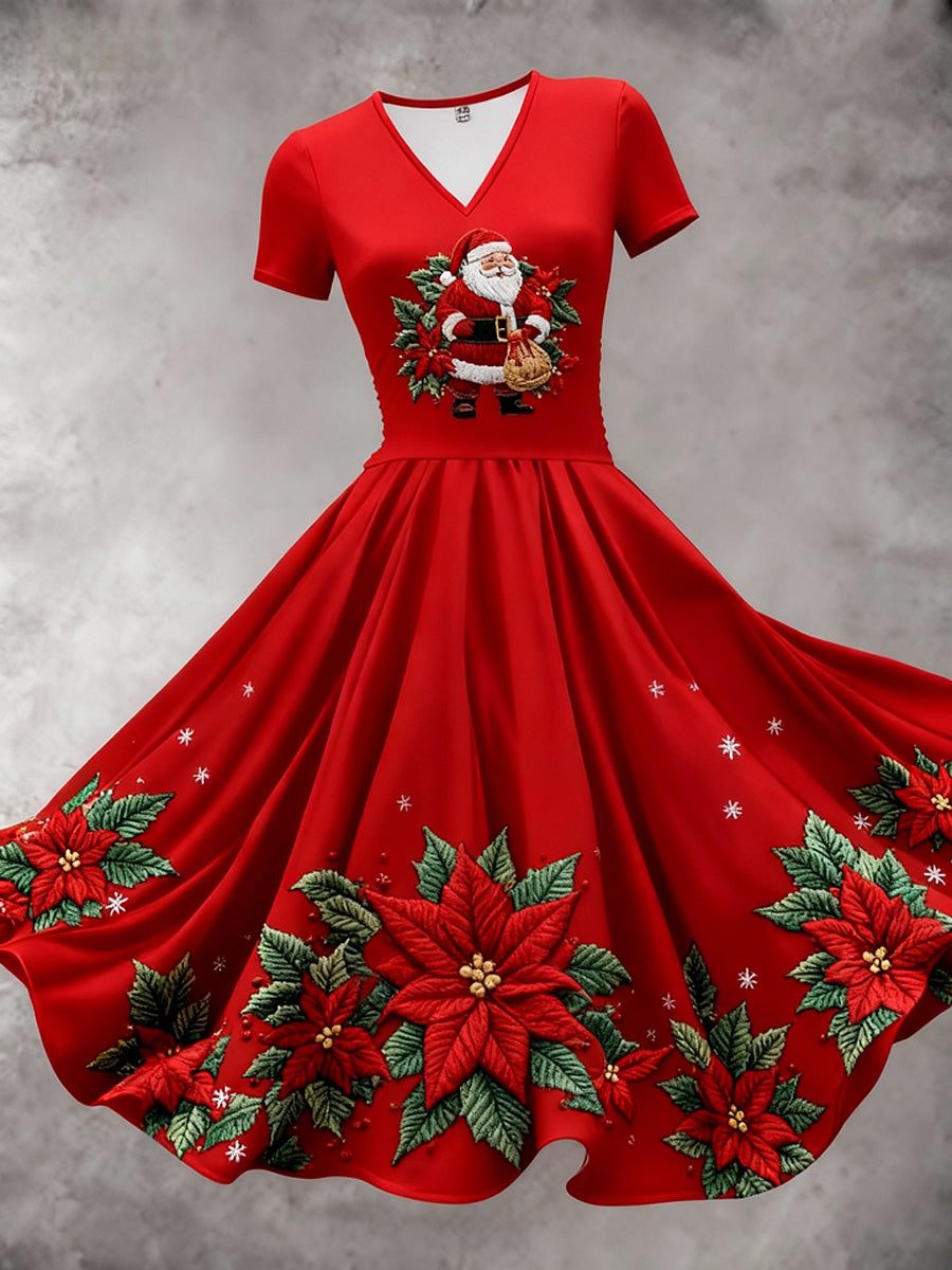 Retro Christmas Carved Artistic Texture Printed Vintage V-Neck Short Sleeve Midi Dress