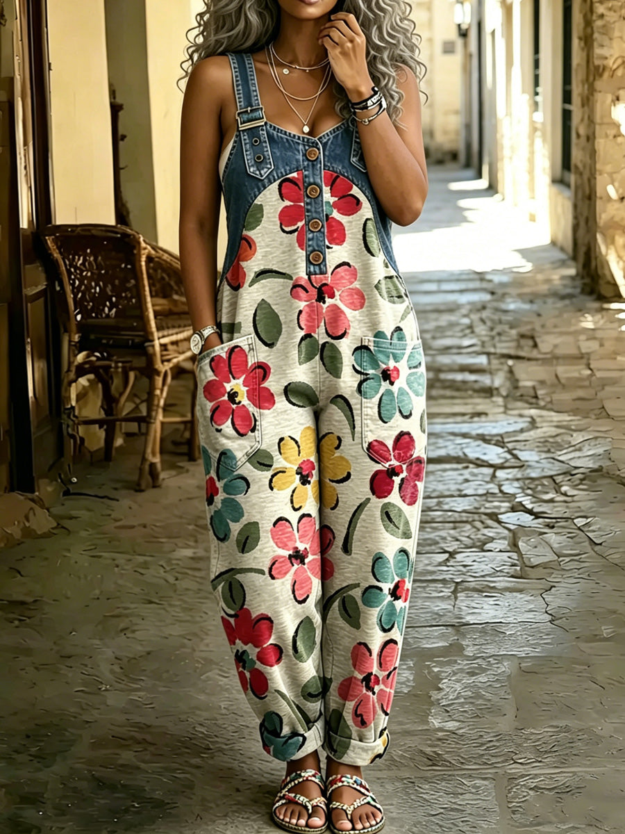 Women's Retro Style Print Washed Cotton Denim Patchwork Jumpsuit