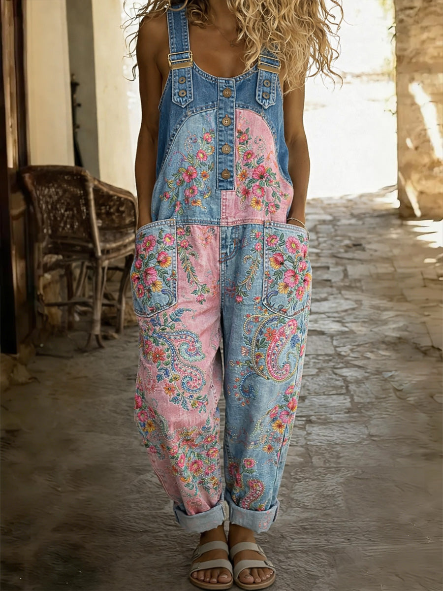 Women's Floral Art Print Washed Cotton Denim Patchwork Jumpsuit
