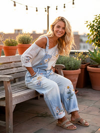 Women's Retro Floral Color-Blocked Art Print Washed Cotton Denim Patchwork Jumpsuit