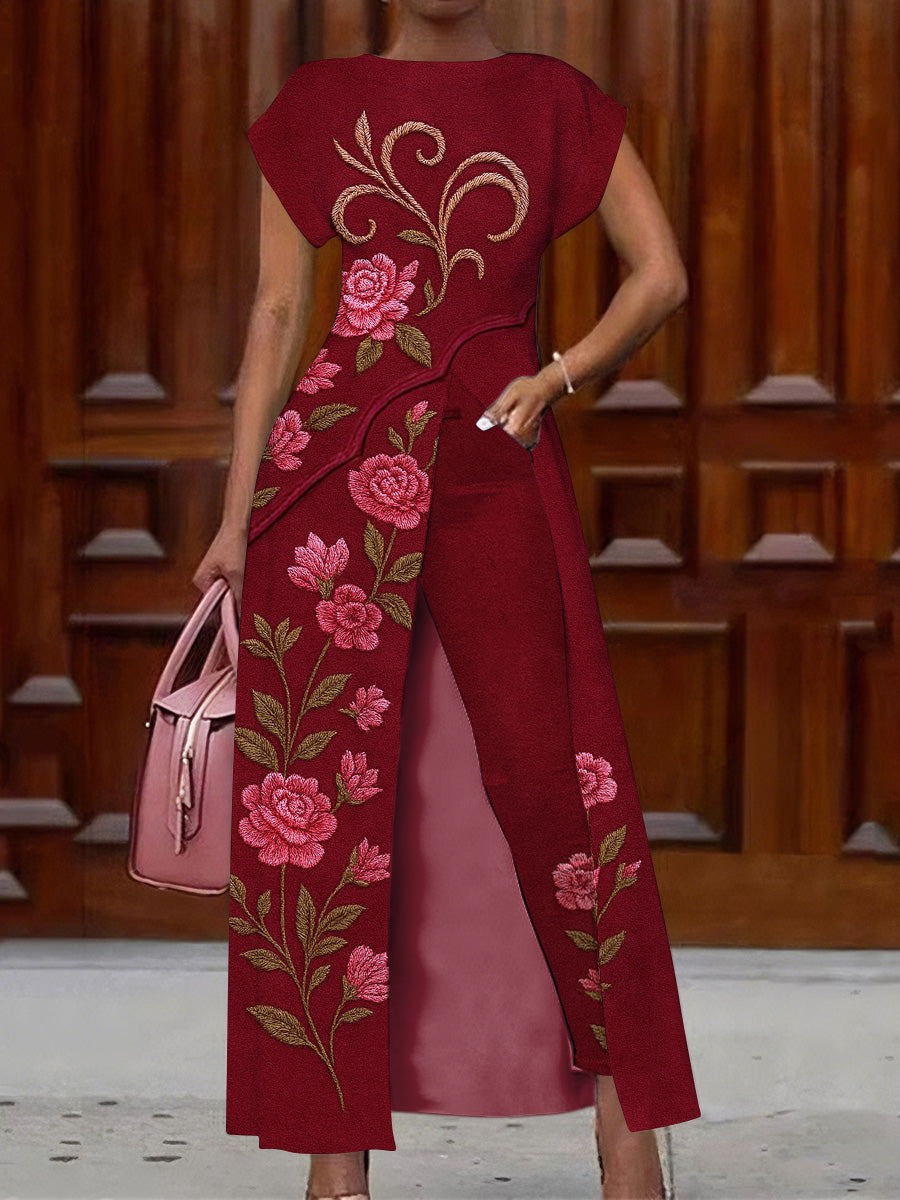 Retro Boho Floral Art Print Vintage Long Split Shirts Dress Skinny Pants Two-Piece Set