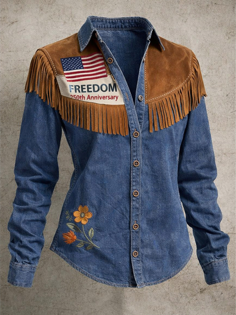 Women's Retro Casual American 250th Anniversary Print Vintage Tassel Long Sleeves Shirt