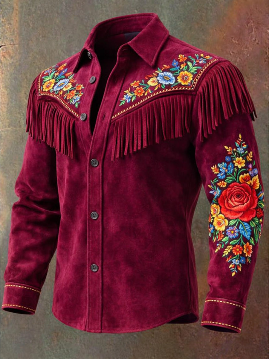 Men's Retro Mexican Art Print Western Vintage Tassel Casual Long Sleeve Shirt