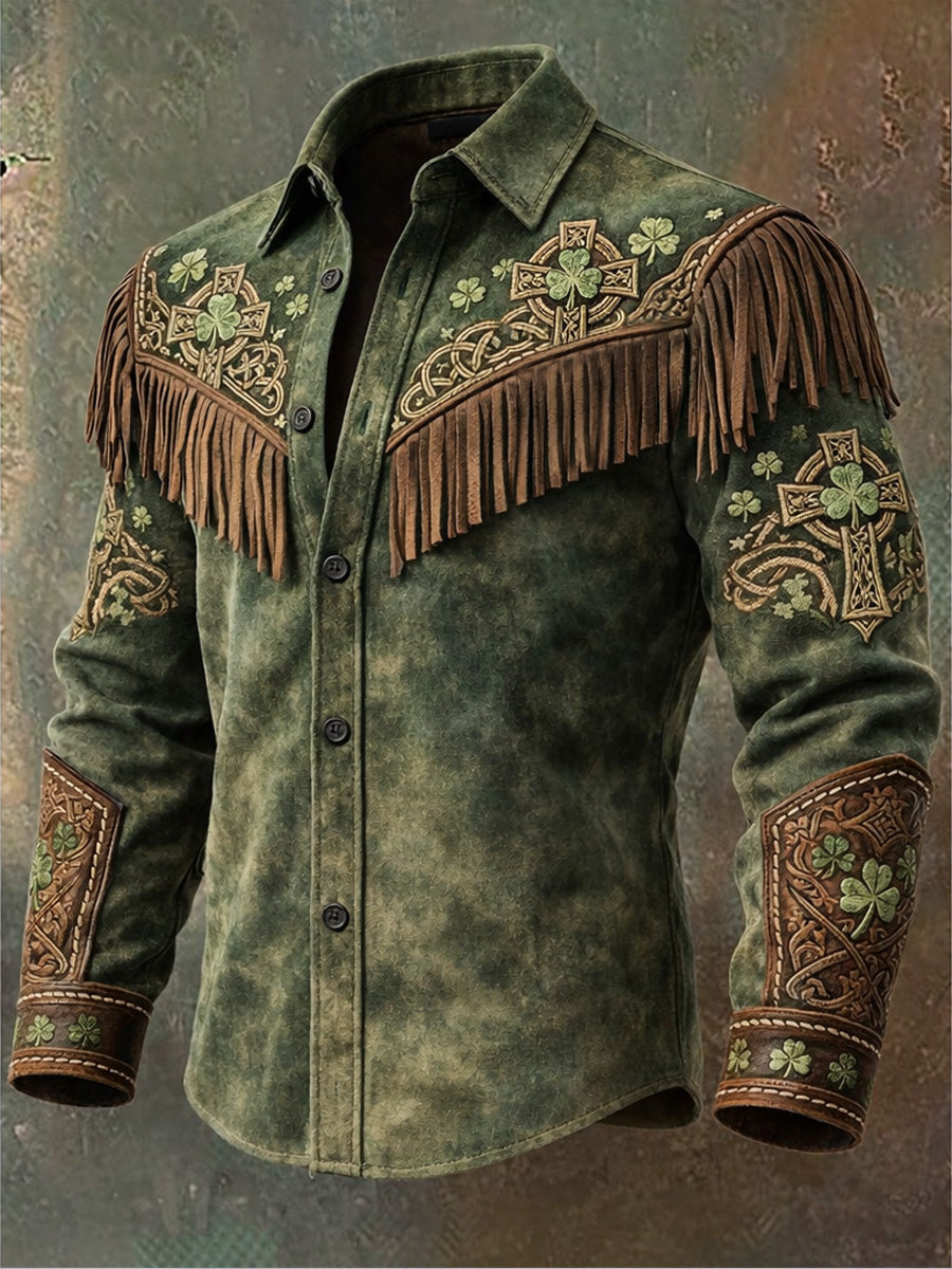 Men's Retro Western Style St. Patrick Print Vintage Tassel Casual Long Sleeve Shirt