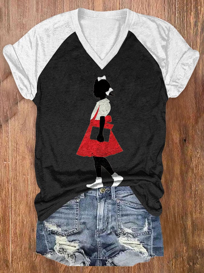 Women's  Black Girl In Red Dress Art Printed Short-Sleeved T-Shirt