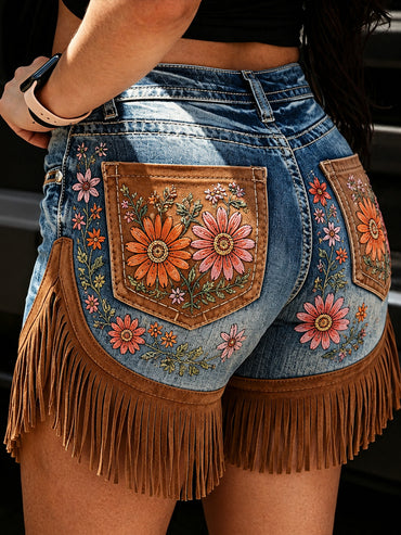 Women's Retro Floral Art Print Casual Leather Fringe Patchwork Pocket Shorts