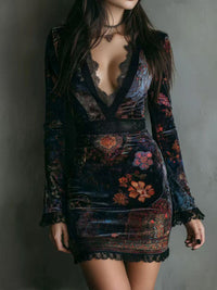 Retro Western Boho Art V-Neck Vintage Suede Velvet Lace Patchwork Long Sleeve Midi Dress