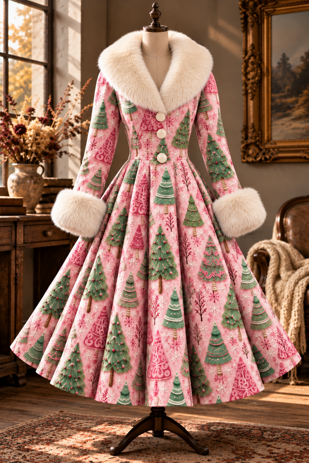 Christmas Art Print Vintage Elegant Fur Collar Long Sleeve Midi Dress