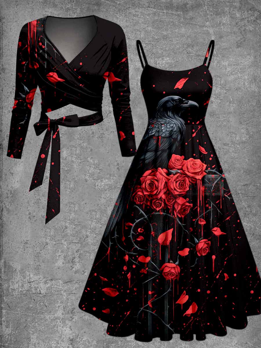 Retro Gothic Floral Art Printed Vintage Unique Slim Fit Cross Wrap Long Sleeve Two-Piece Midi Dress