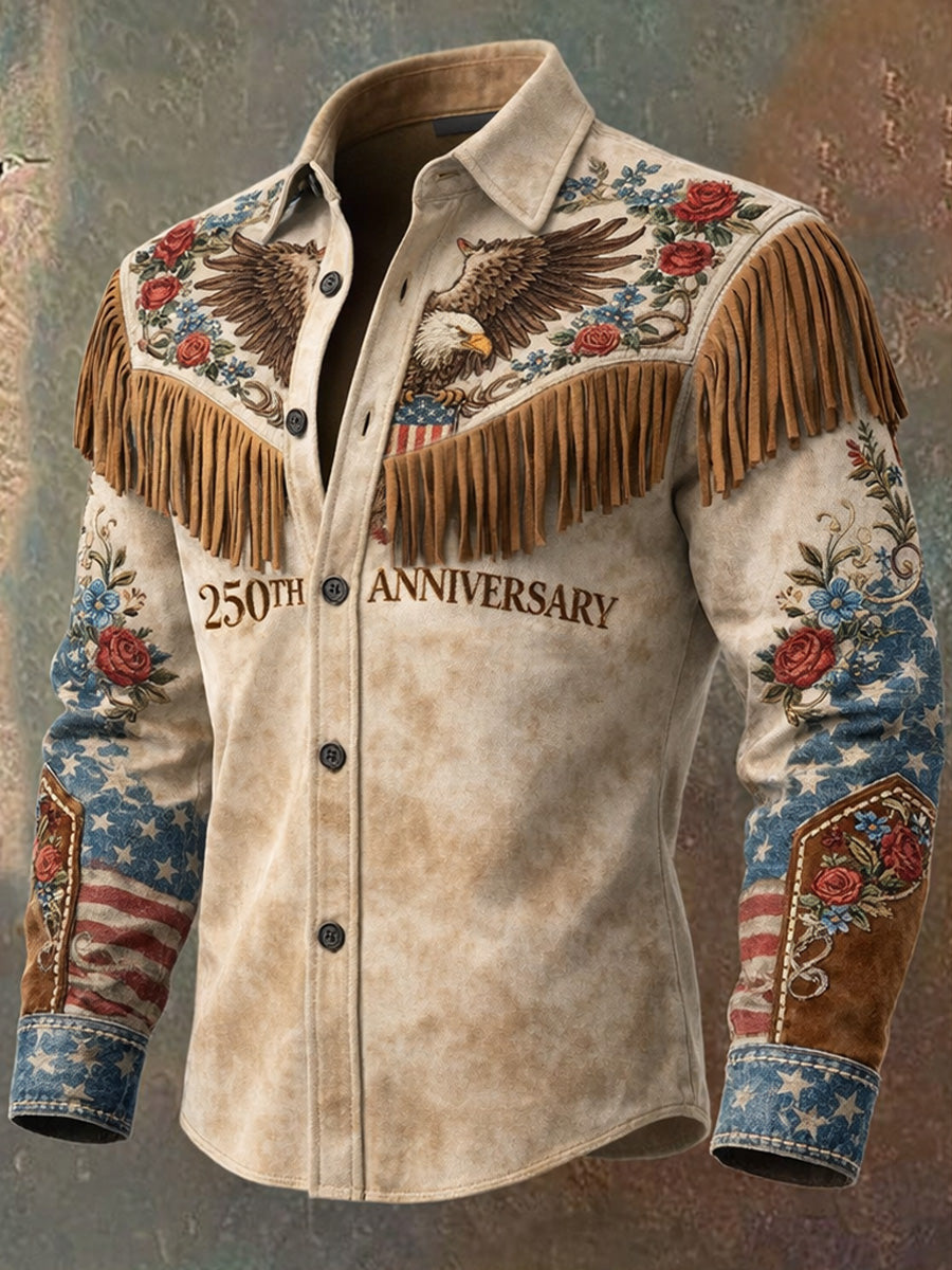 Men's Retro Western Style Art Print Vintage Tassel Casual Long Sleeve Shirt