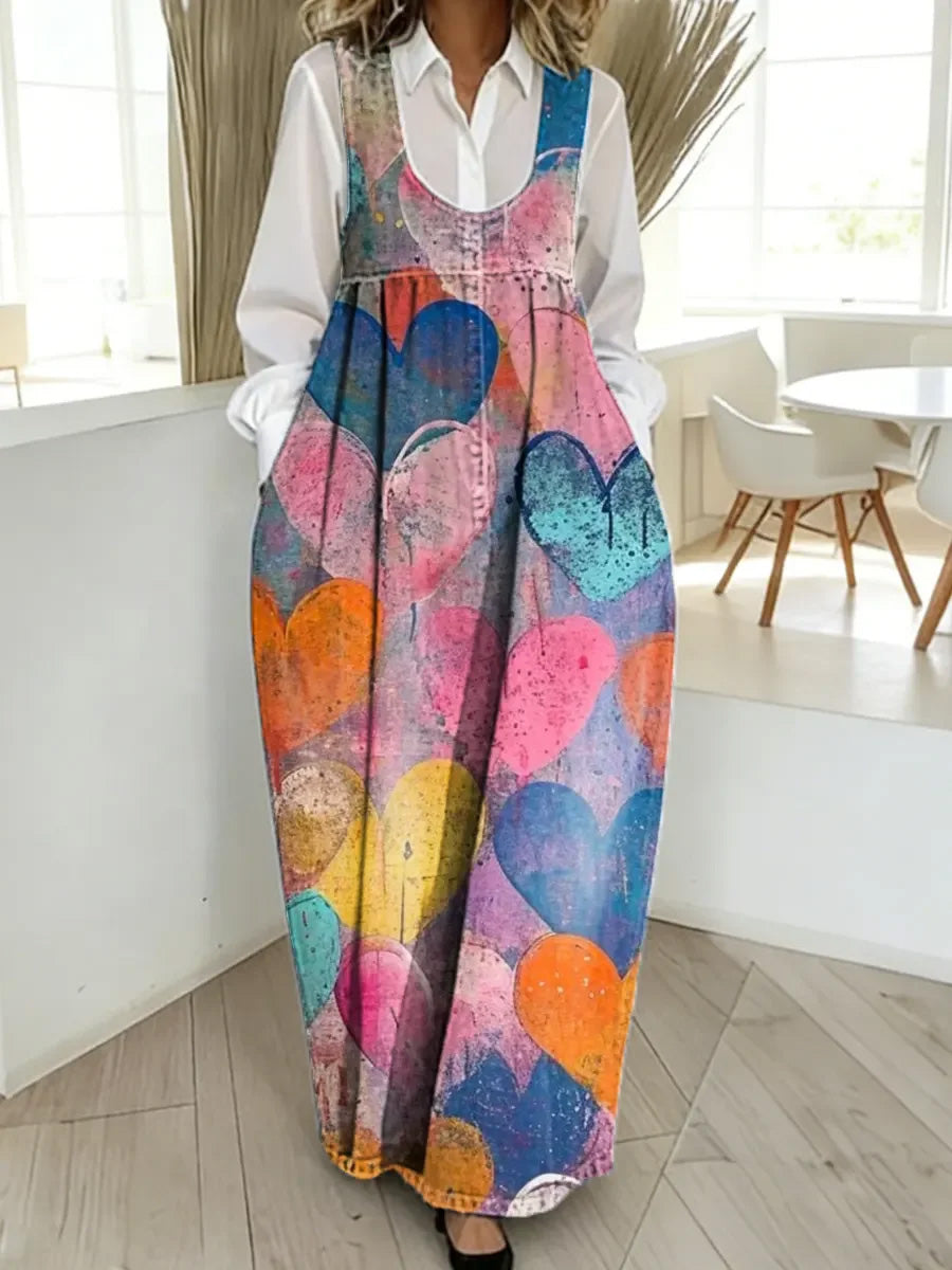Women's Floral Art Print Washed Cotton Patchwork Pocket Shoulder Strap Dress