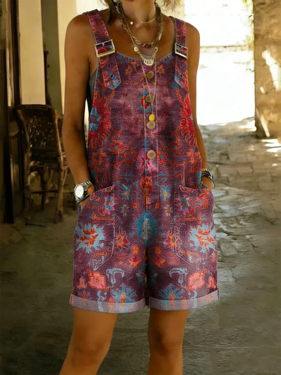 Women's Floral Art Print Washed Cotton Denim Patchwork Jumpsuit