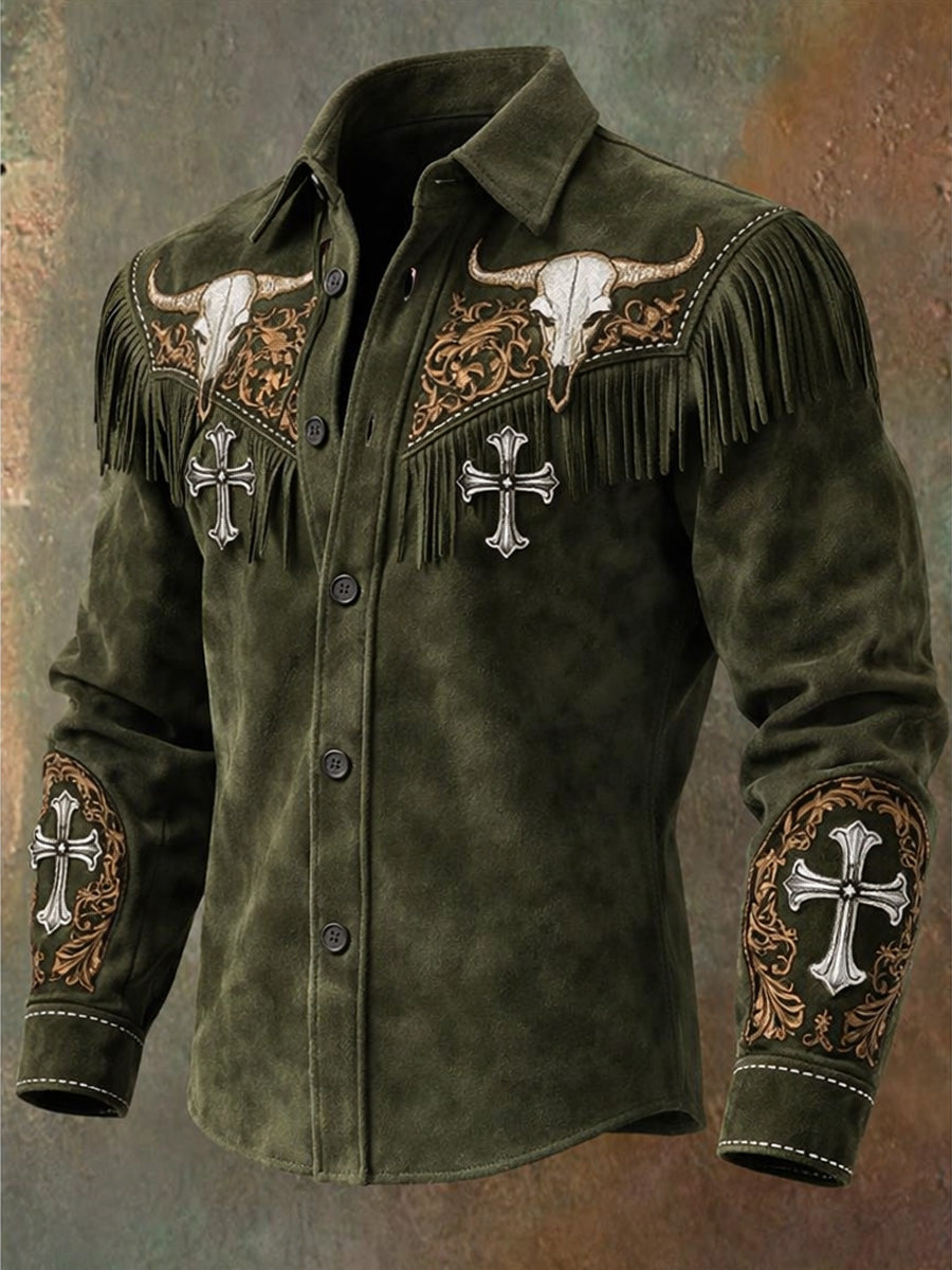 Men's Retro Western Style Vintage Casual Cotton Long Sleeve Fringe Shirt