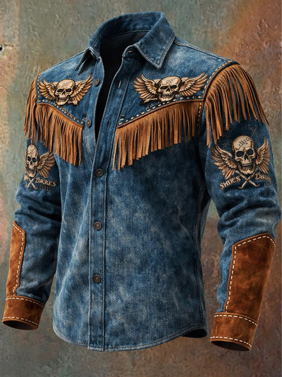 Men's Retro Western Style Print Vintage Tassel Casual Long Sleeve Shirt
