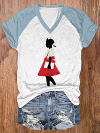 Women's  Black Girl In Red Dress Art Printed Short-Sleeved T-Shirt