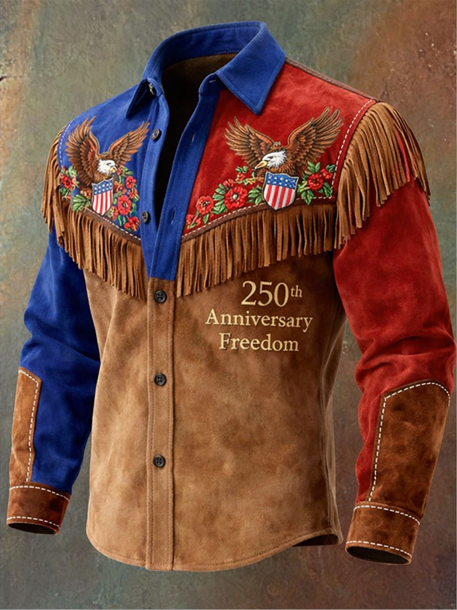 Men's Retro Western Style US 250th Anniversary Print Vintage Tassel Casual Long Sleeve Shirt
