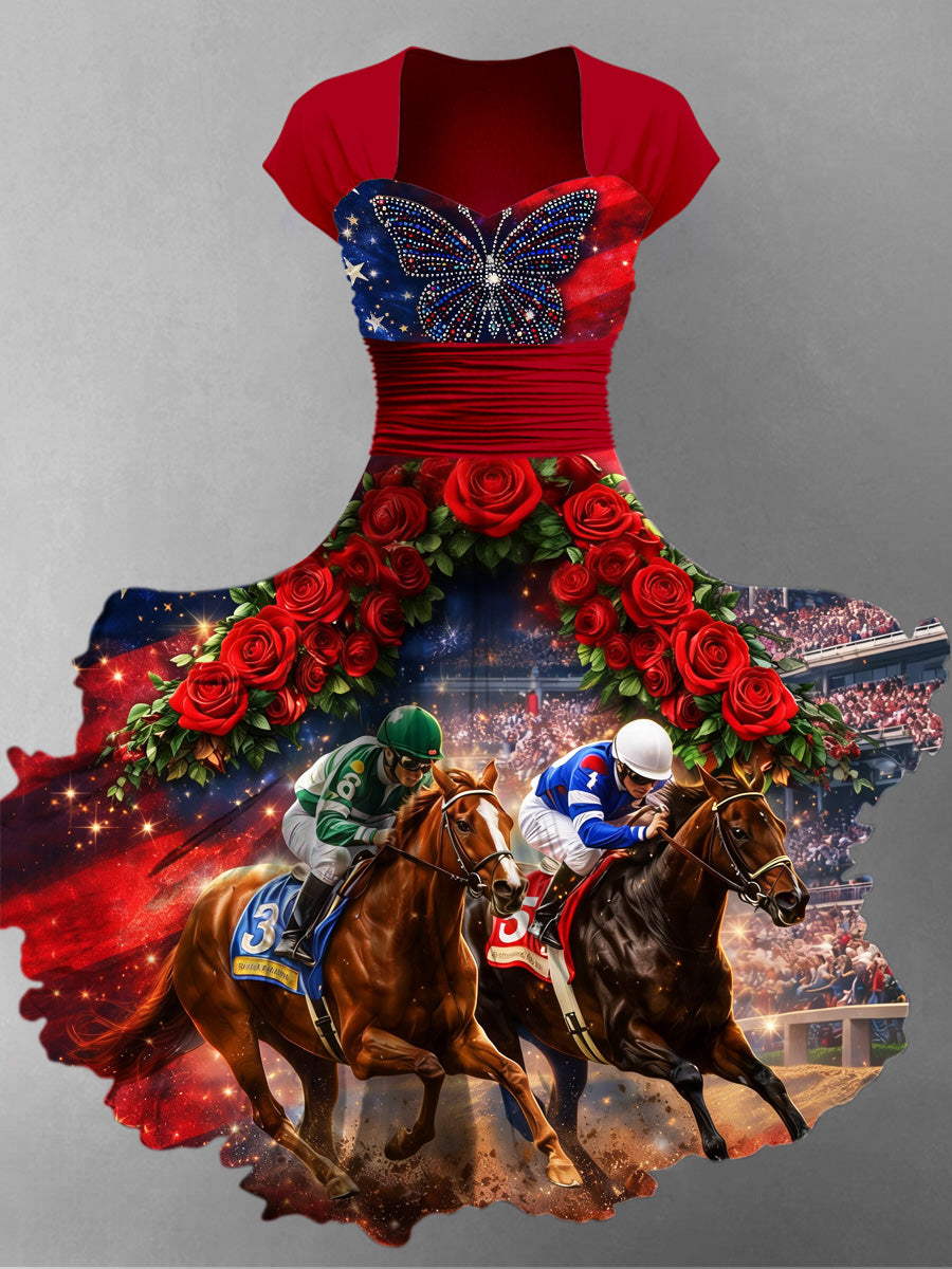 Retro Derby Horse Art Printed Vintage V-Neck Pleated Waist Short Sleeve Midi Dress