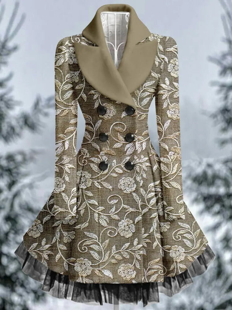 Floral Art Print Vintage Elegant Lapel V-Neck Button Up Long Sleeve Coat Dress
