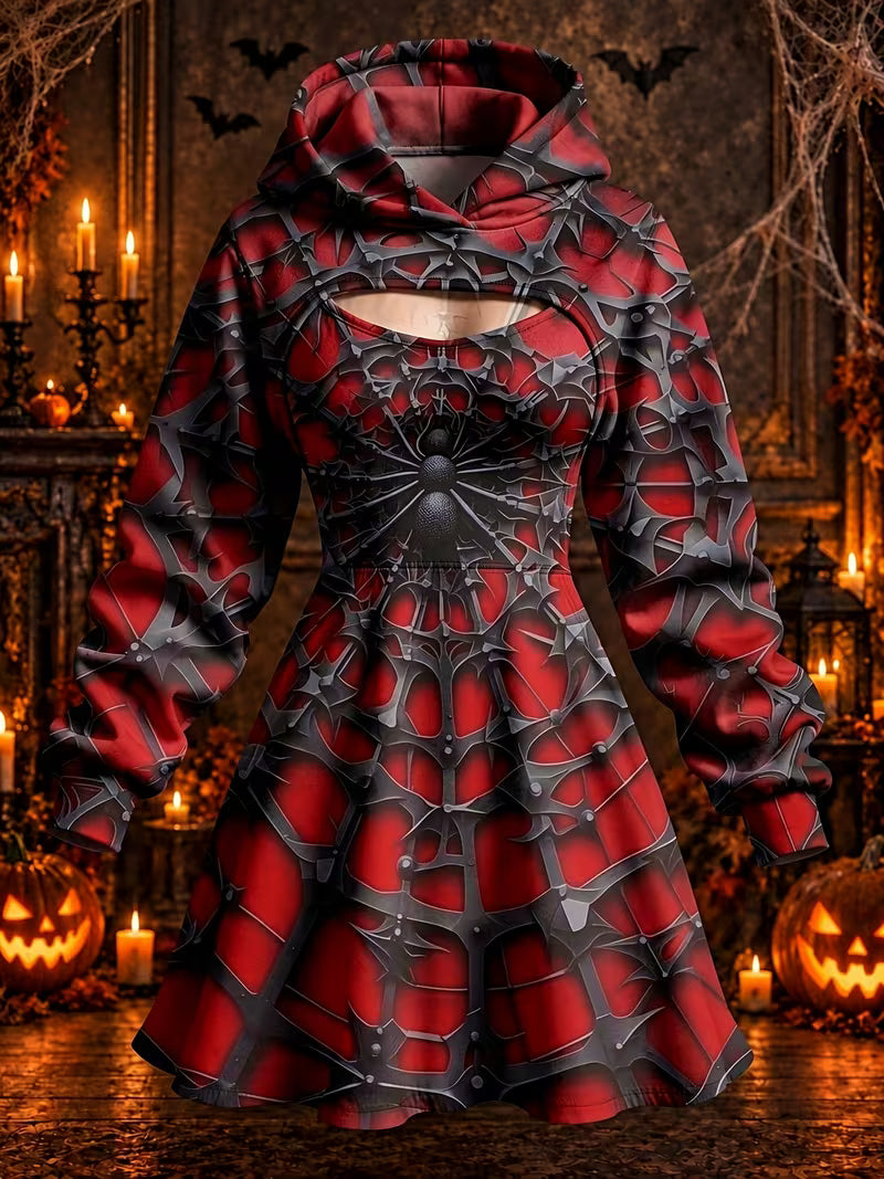 Women's Gothic Art Print Long Sleeve Hooded Shrug Cami A-Line Dress Two Piece Sets