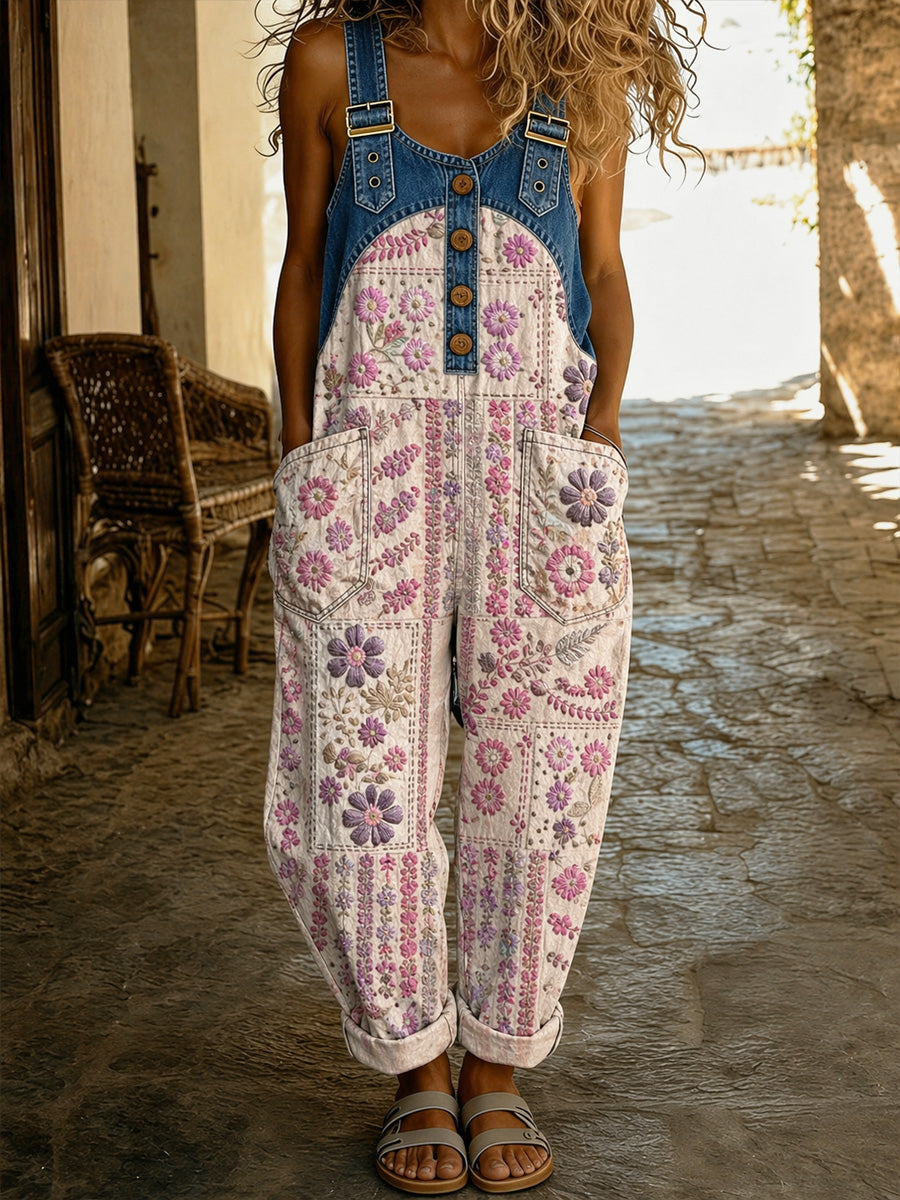 Women's Retro Style Print Washed Cotton Denim Patchwork Jumpsuit