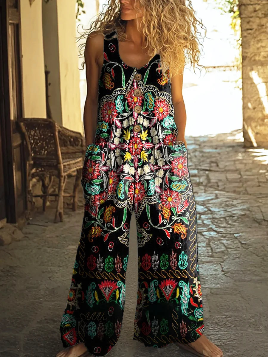 Women's Vintage Ethnic Art Print Wide Leg Jumpsuit