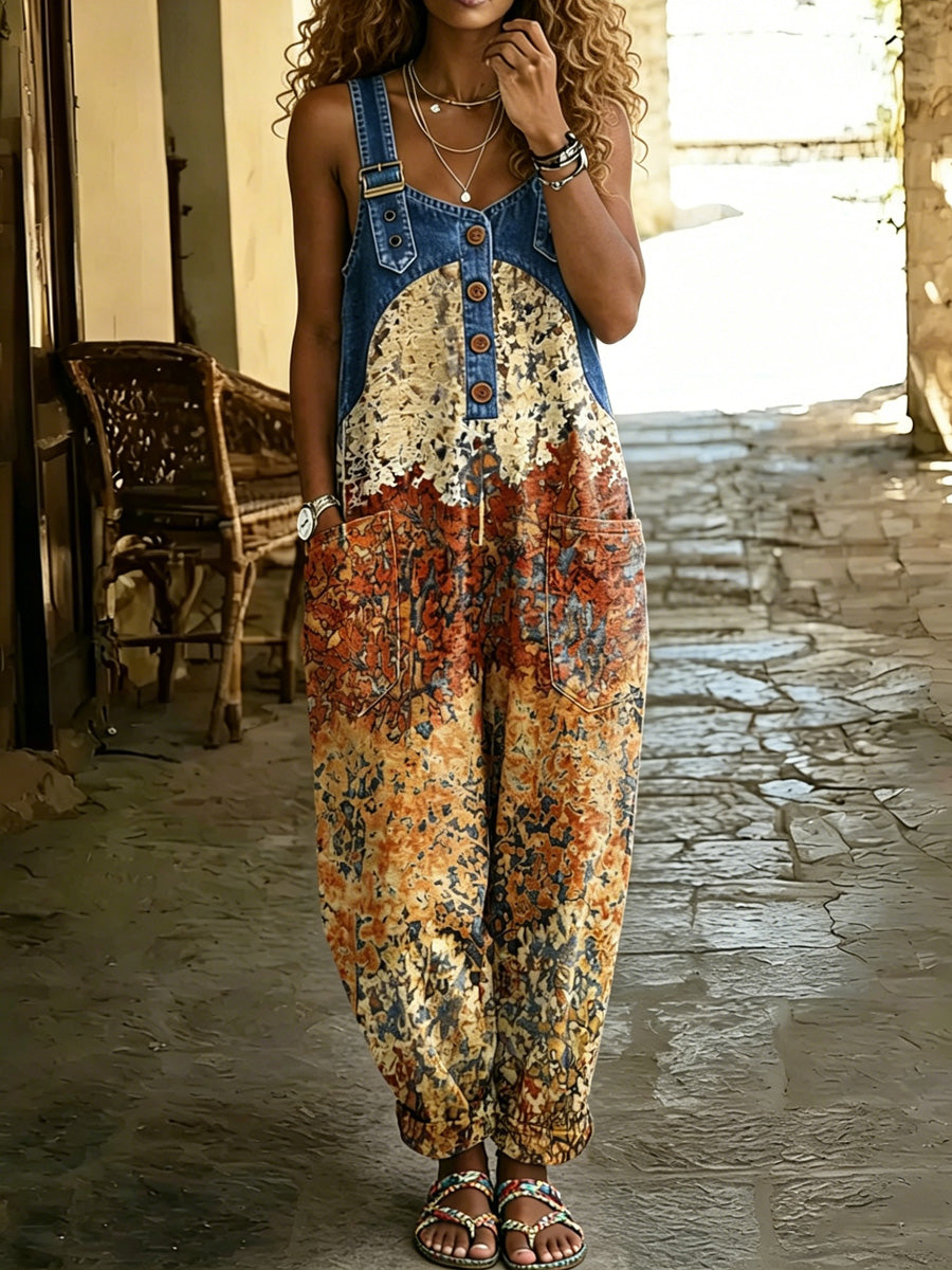Women's Retro Style Print Washed Cotton Denim Patchwork Jumpsuit