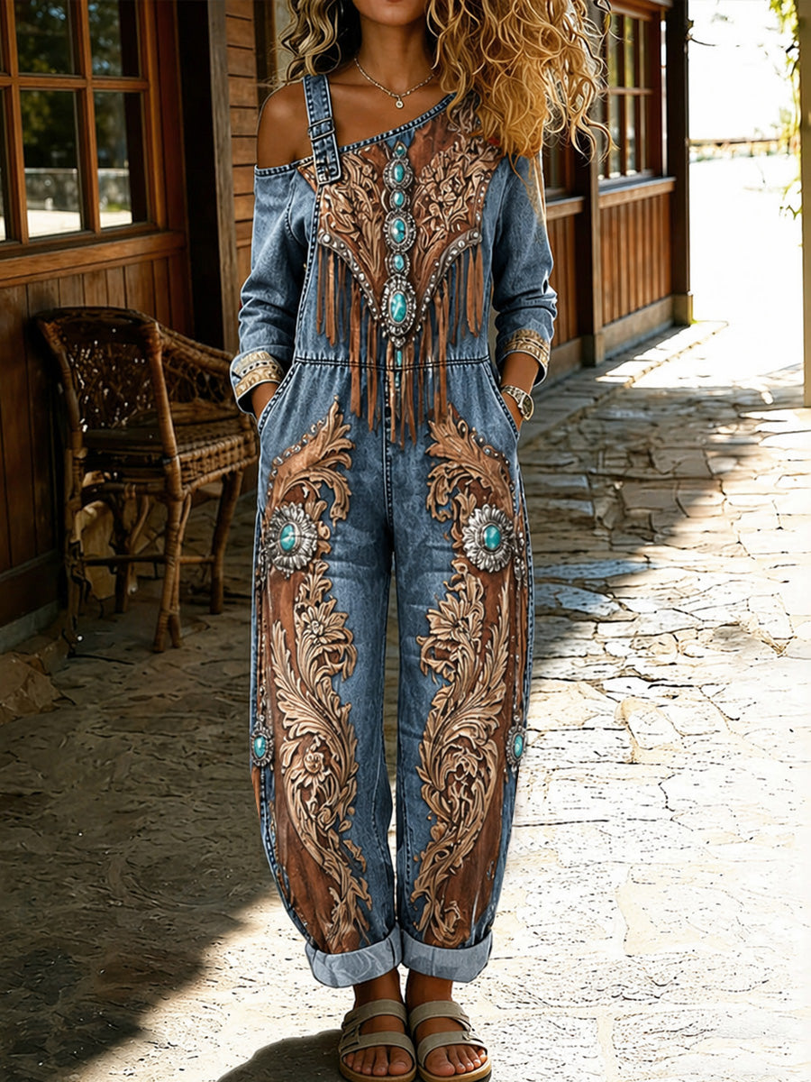 Women's Retro Style Floral Art Print Washed Cotton Denim Patchwork Jumpsuit