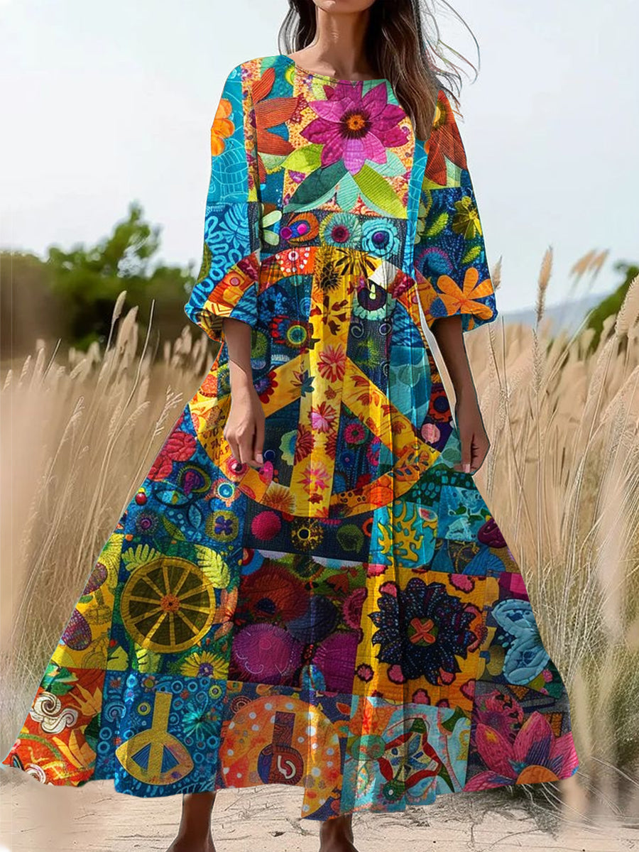 Hippie Floral Art Print Long Sleeve Midi Dress