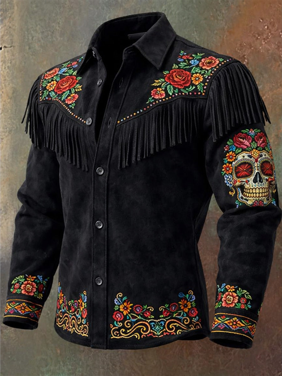 Men's Retro Mexican Art Print Western Vintage Tassel Casual Long Sleeve Shirt