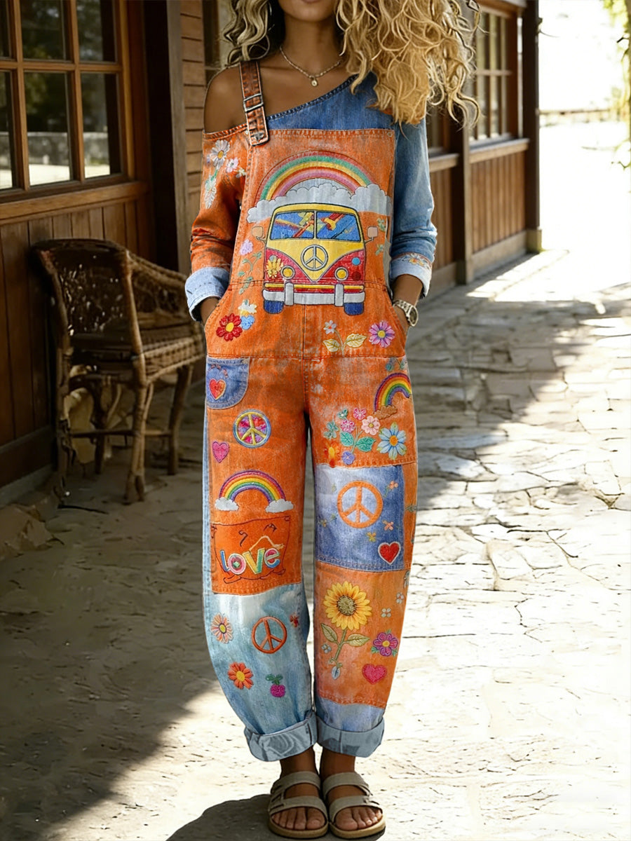 Women's Retro Hippy Floral Art Print Washed Cotton Denim Patchwork Jumpsuit