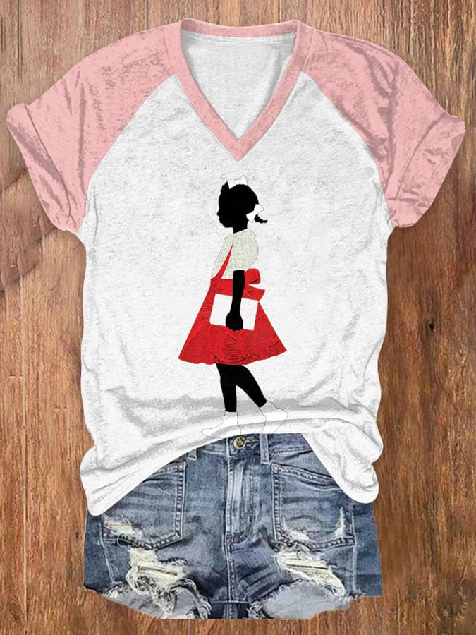 Women's  Black Girl In Red Dress Art Printed Short-Sleeved T-Shirt