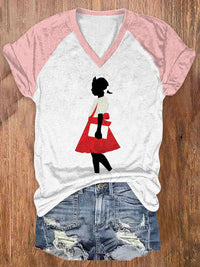 Women's  Black Girl In Red Dress Art Printed Short-Sleeved T-Shirt
