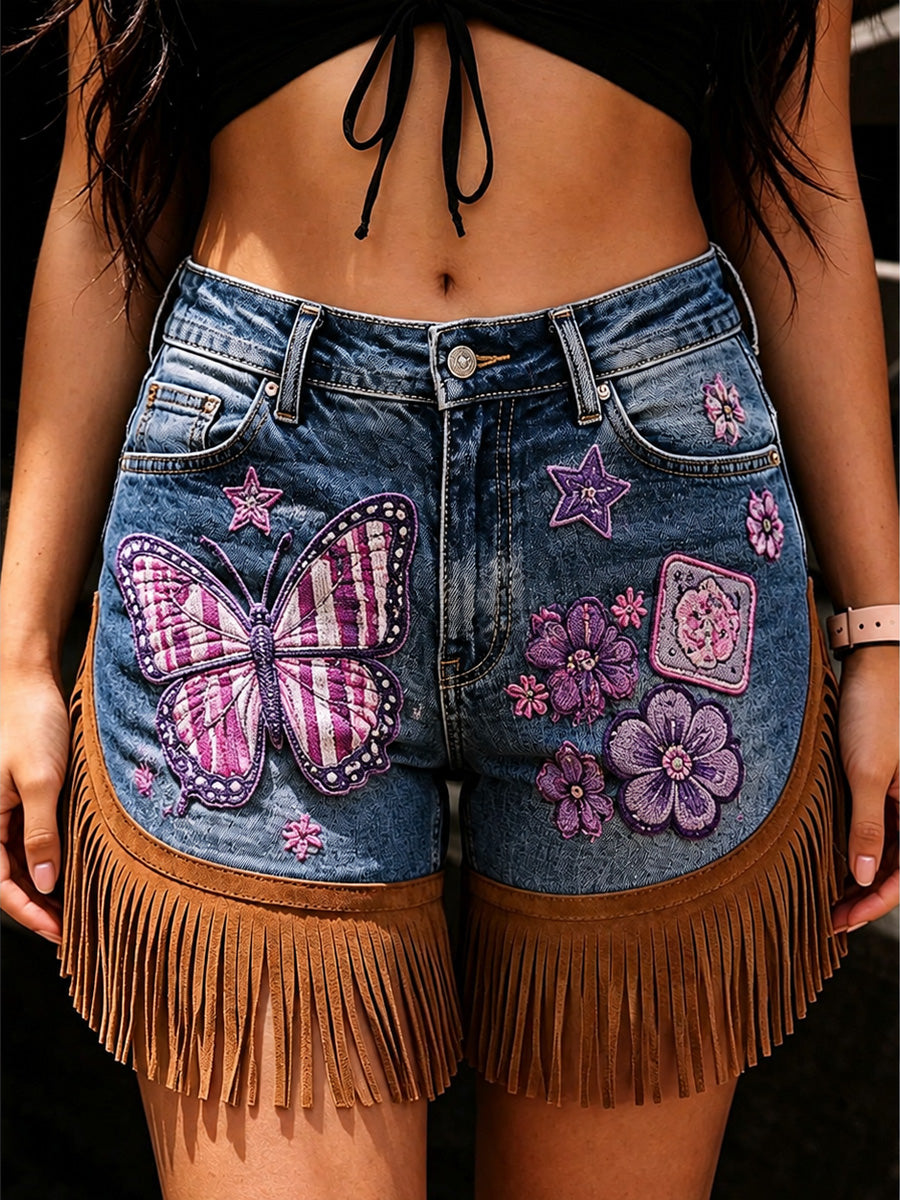 Women's Retro Floral Art Print Casual Leather Fringe Patchwork Pocket Shorts