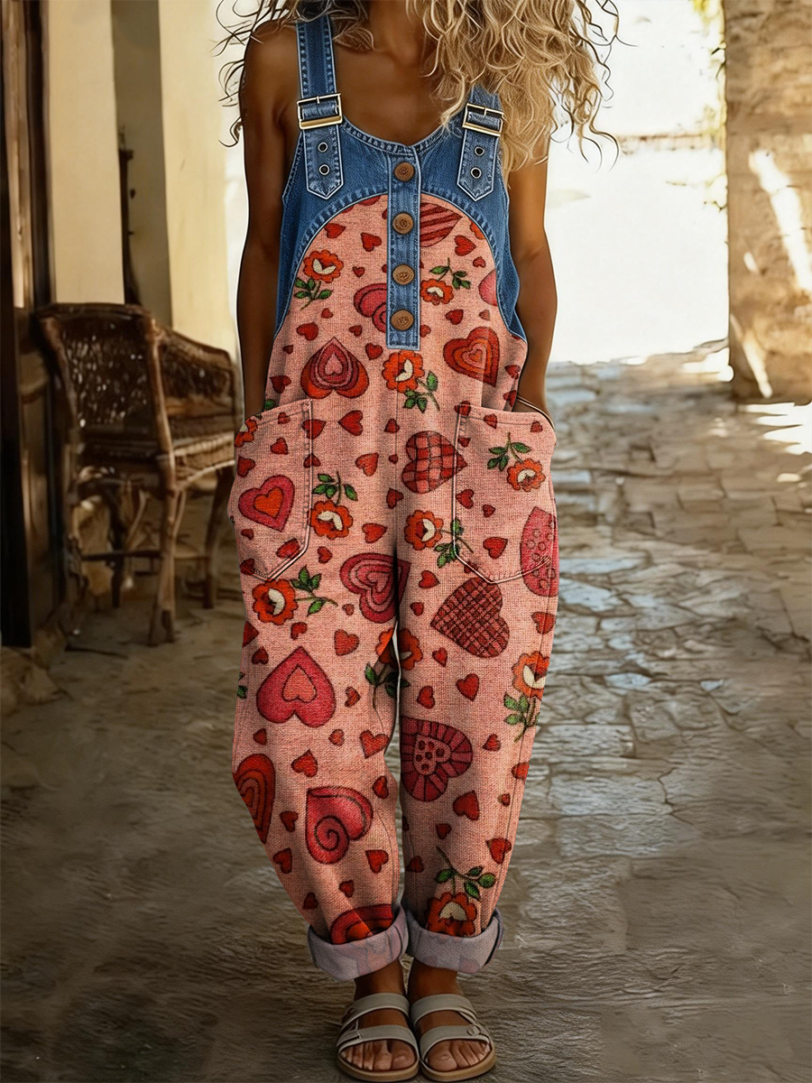 Women's Retro Heart Art Print Casual Sleeveless Denim Patchwork Jumpsuit